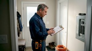 Electrician checking home wiring near breaker panel