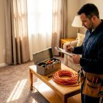 Electrician taking notes in Delaware home