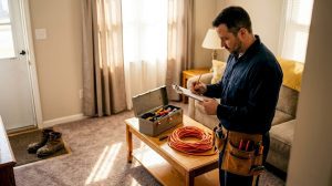 Electrician taking notes in Delaware home