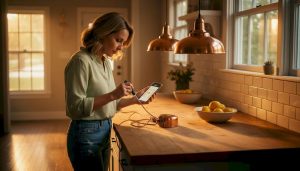 Homeowner checks wiring at kitchen island