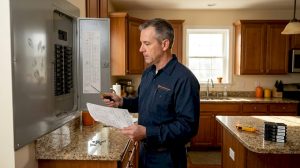 Electrician inspecting home electrical panel in kitchen