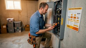 Electrician inspecting home electrical panel for surges