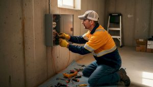 Electrician working on home electrical panel