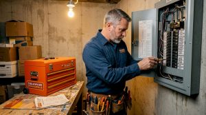Electrician inspecting home electrical panel in basement