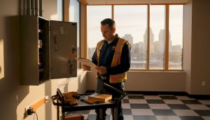 Electrician reviewing permit with open panel