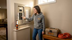 Homeowner inspecting basement electrical panel
