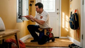 Electrician repairing panel in home entryway