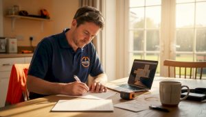 Electrician preparing electrical project estimate at table
