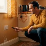 Homeowner inspecting outlet with tester in living room