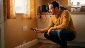 Homeowner inspecting outlet with tester in living room